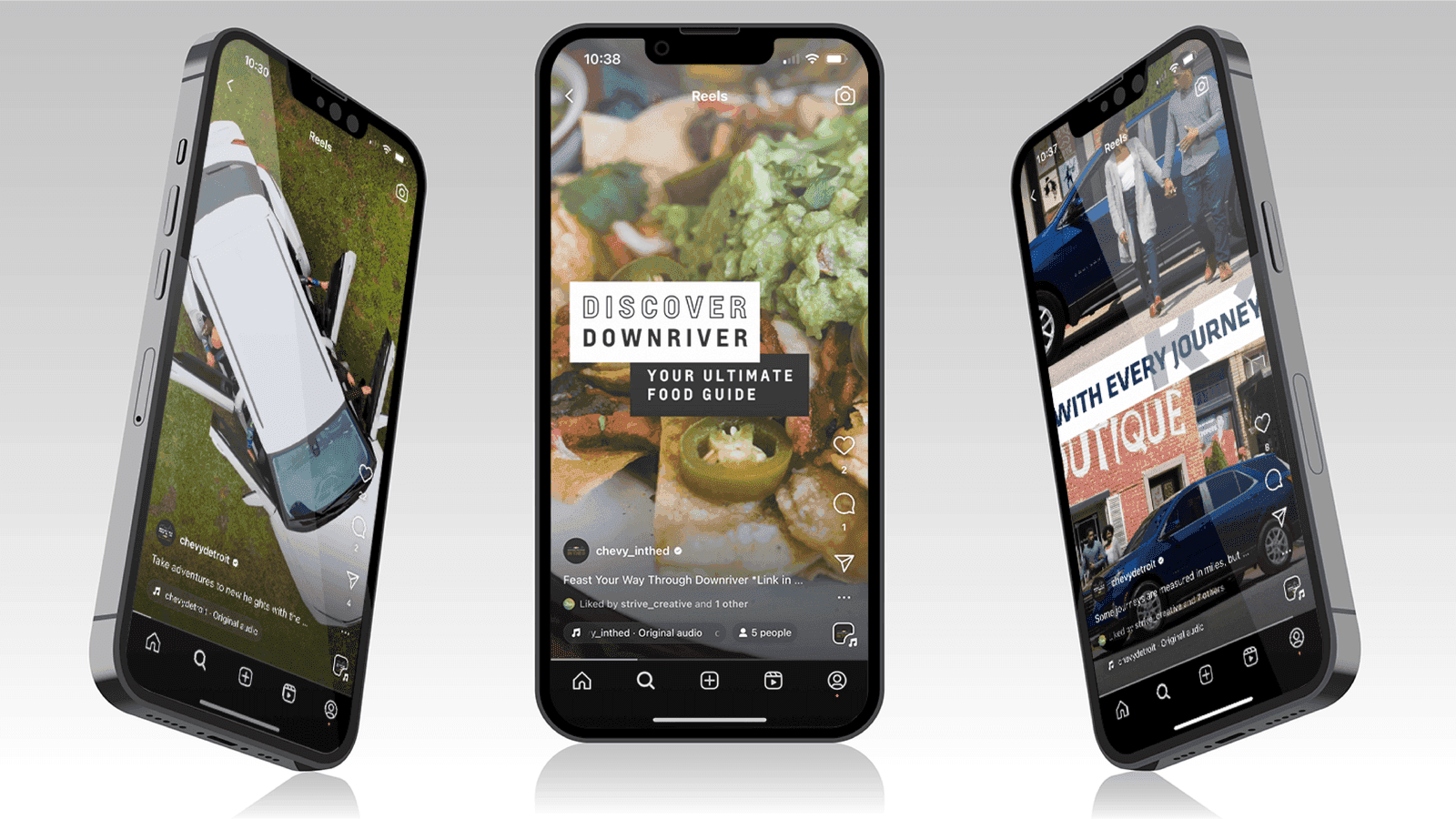 Social media mockups across multiple phone screens