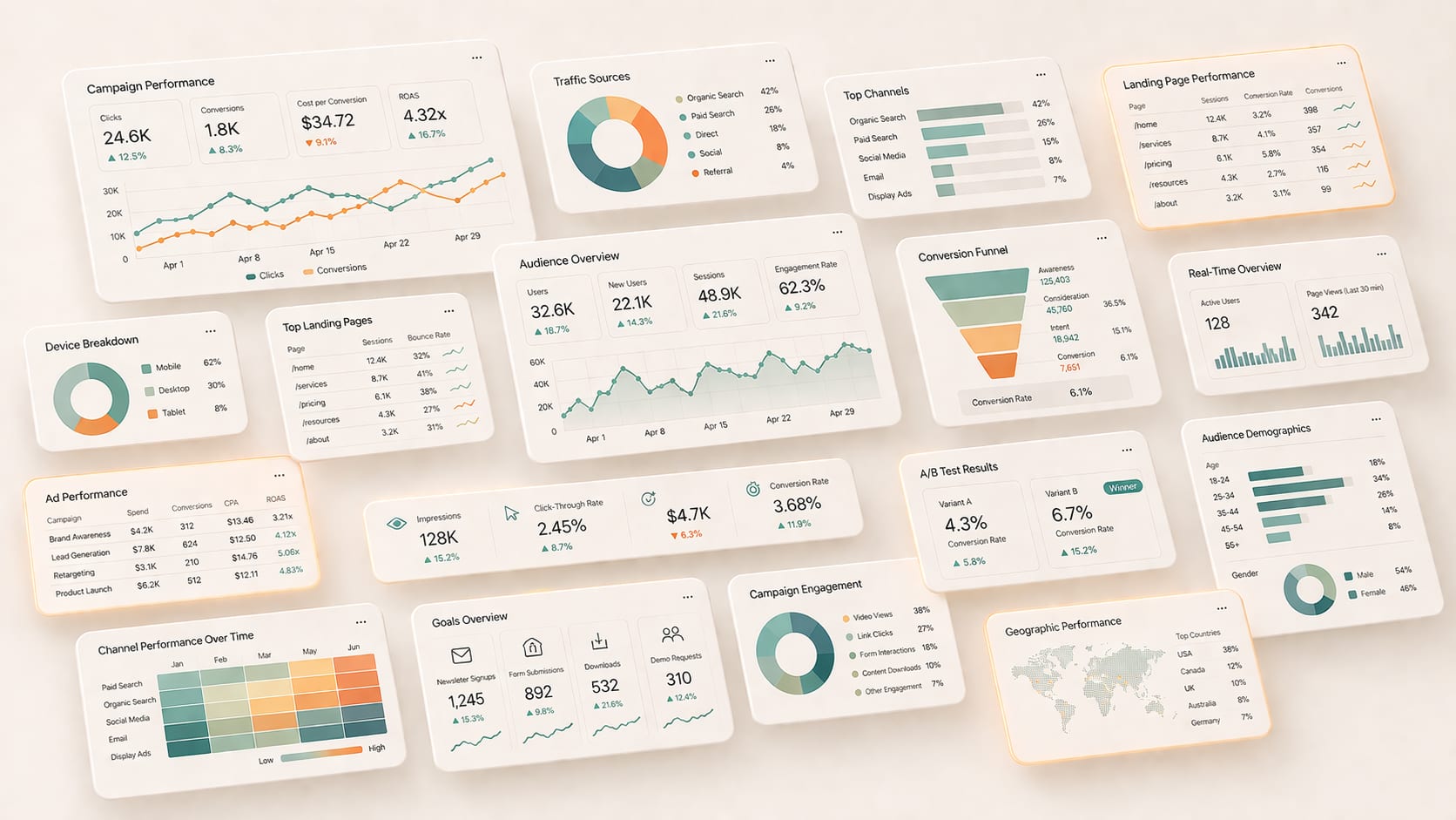 Composite of analytics dashboards illustrating campaign performance metrics