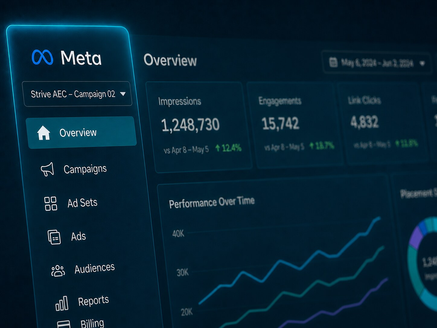 An arrow hits one of several targets – concept for marketing campaign, target audience, advertising methods. Analytics or data management chart in background.
