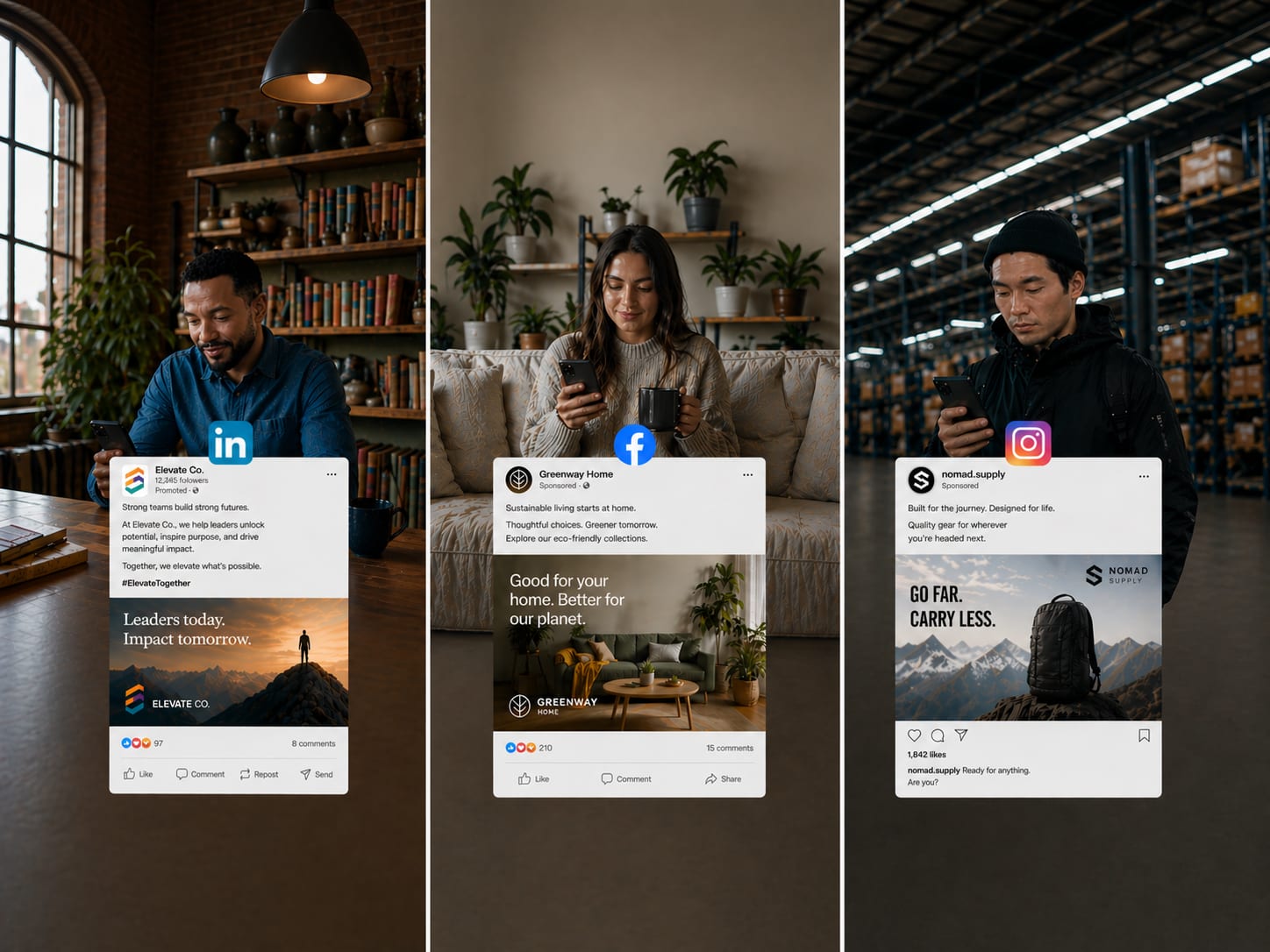 Three social posts on LinkedIn, Facebook, and Instagram shown across different lifestyle scenes