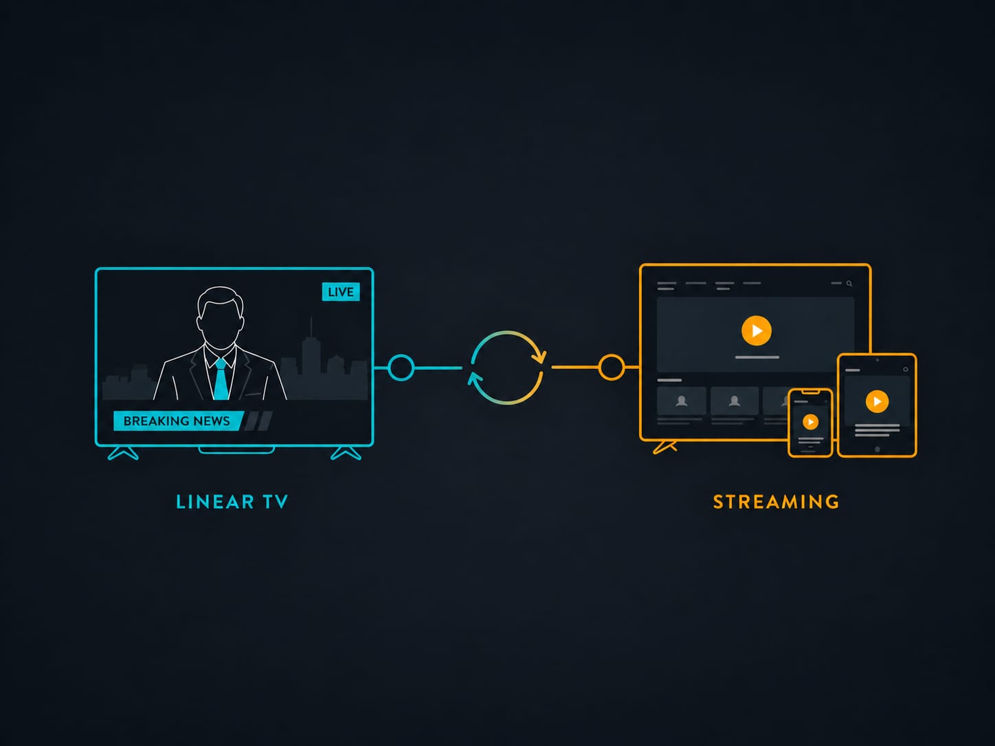 Side-by-side illustration of a traditional living room TV and a streaming device showing how linear and OTT viewing coexist