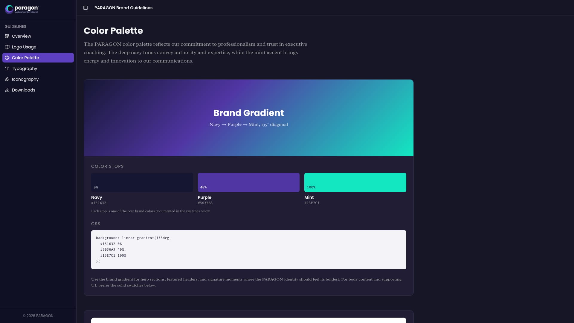 Paragon brand guidelines: color palette with brand gradient and color stops