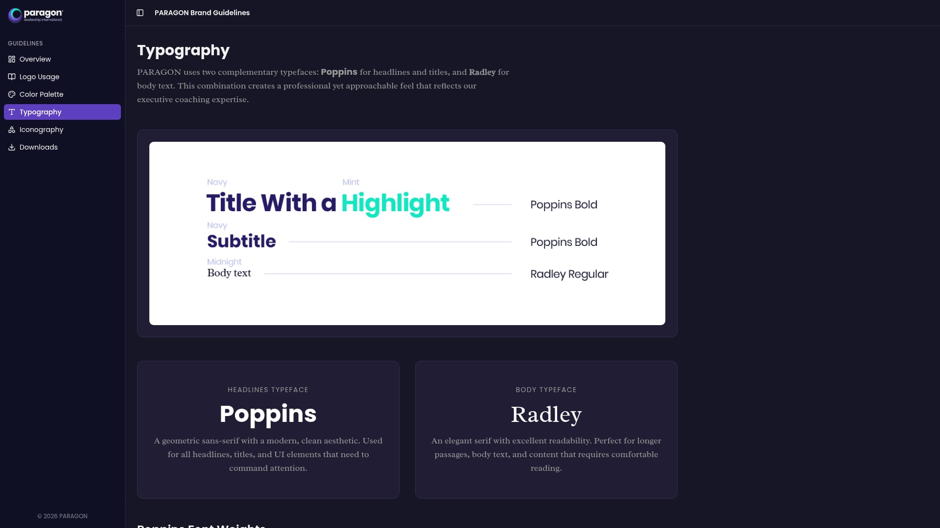 Paragon brand guidelines: typography with Poppins and Radley