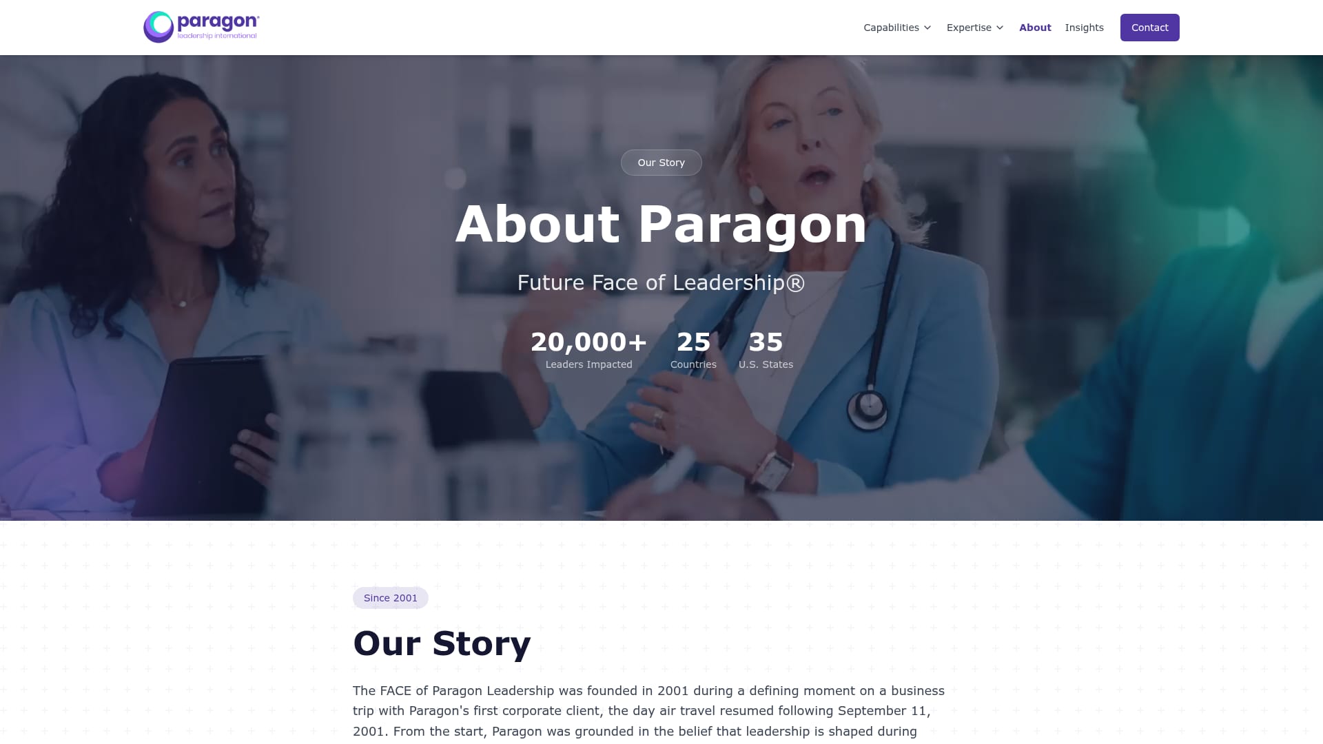 Paragon about page with Future FACE of Leadership messaging