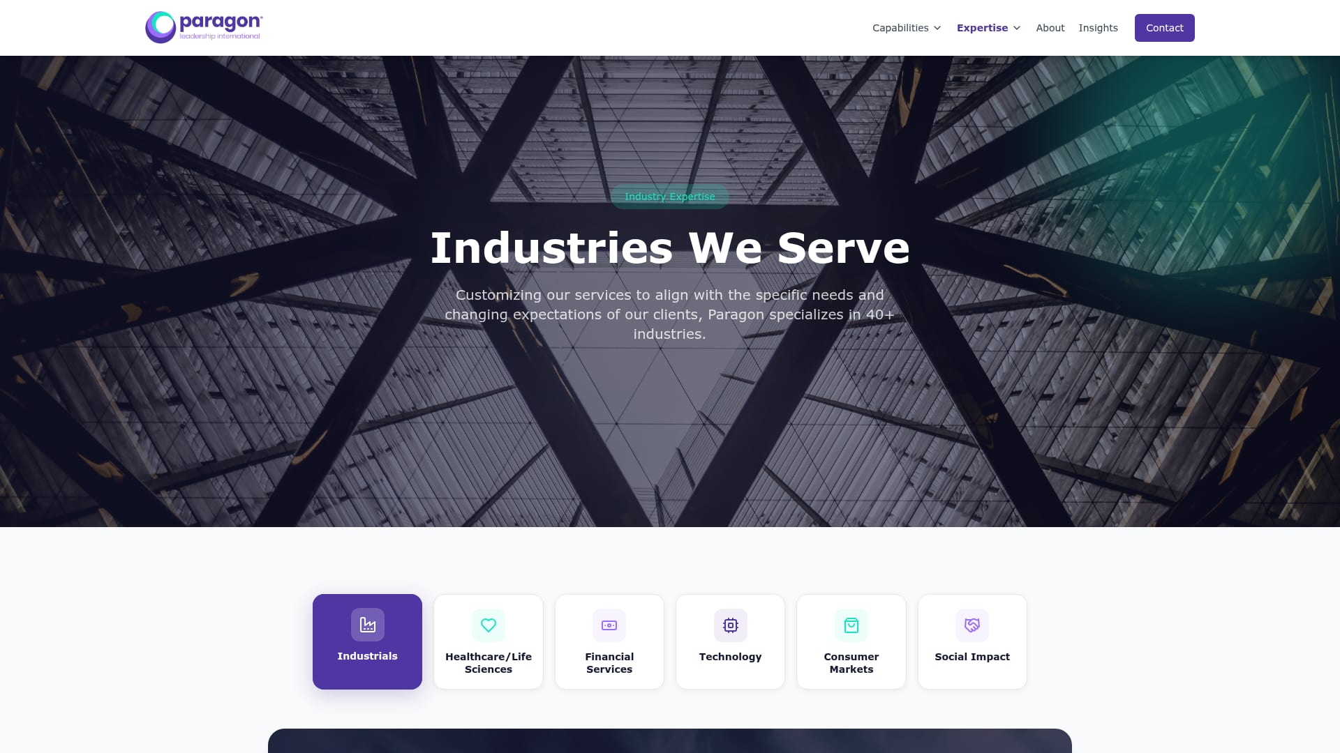 Paragon expertise page with industries served