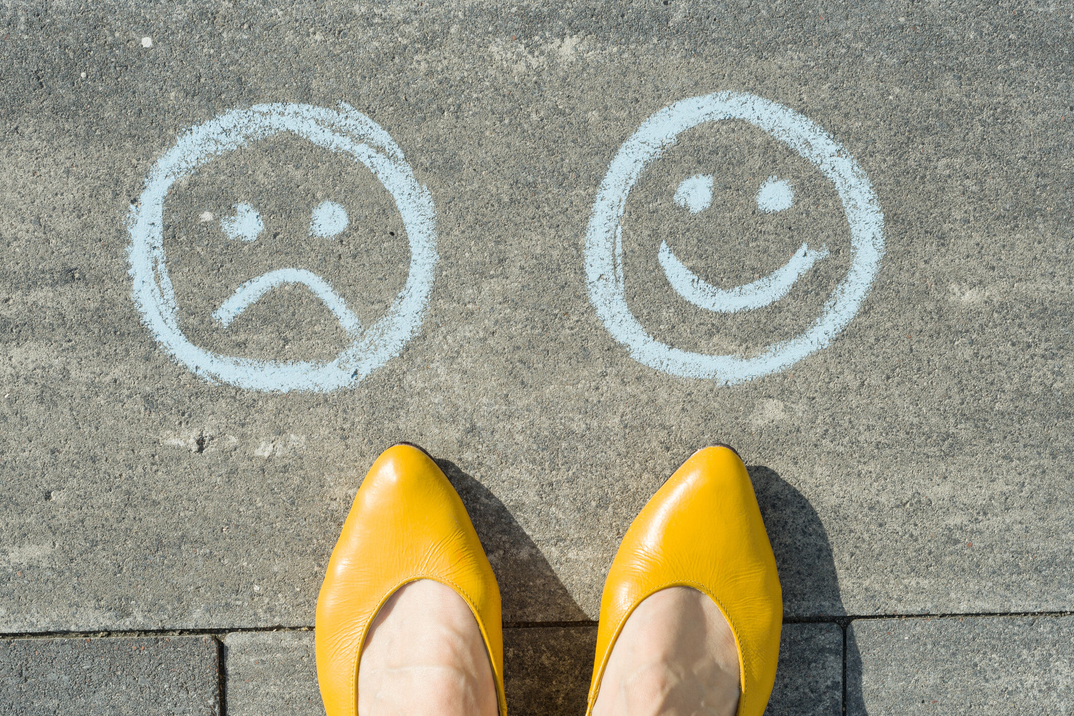 Choice - Happy Smileys or Unhappy, text on asphalt road.