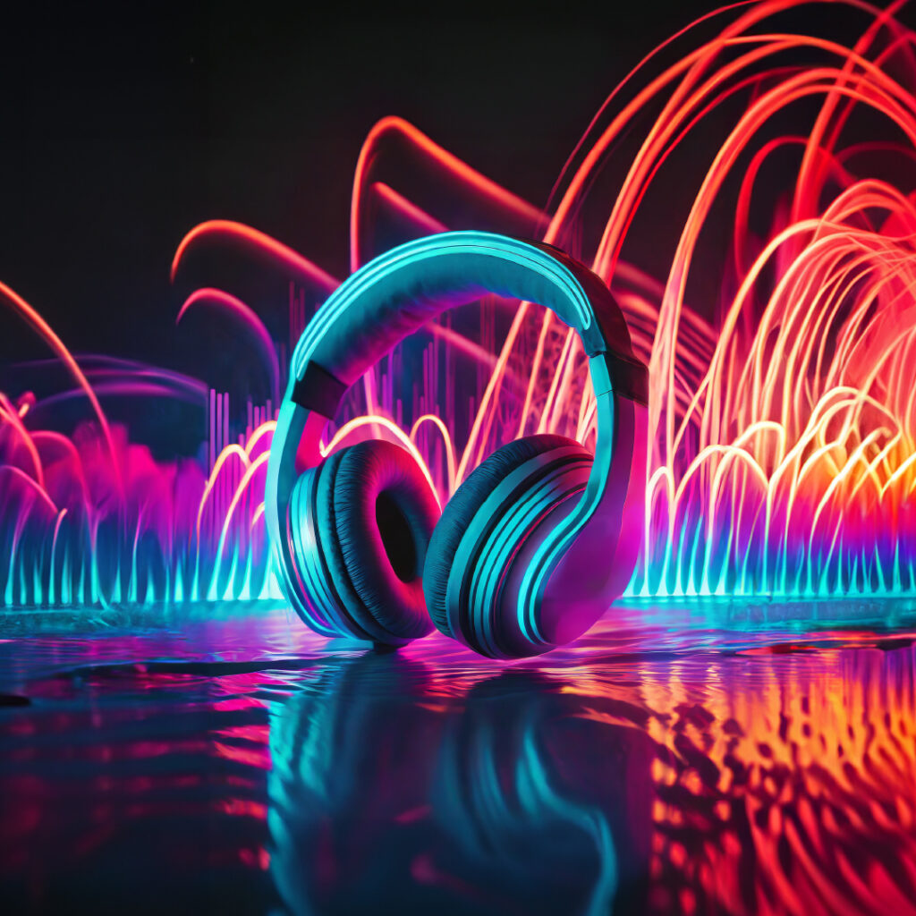 headphones with colorful soundwaves in the background