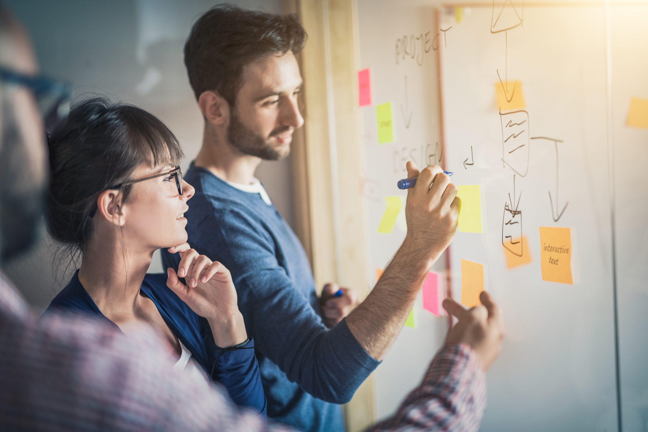 team members taking notes on a board