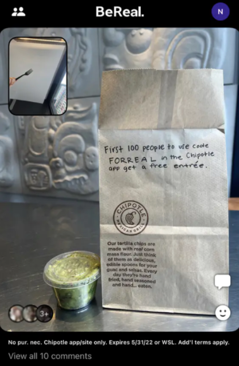 Chipotle account on BeReal - emerging social media platforms