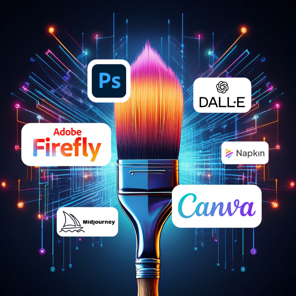 AI and creativity meet - paintbrush with logos for design and AI tools