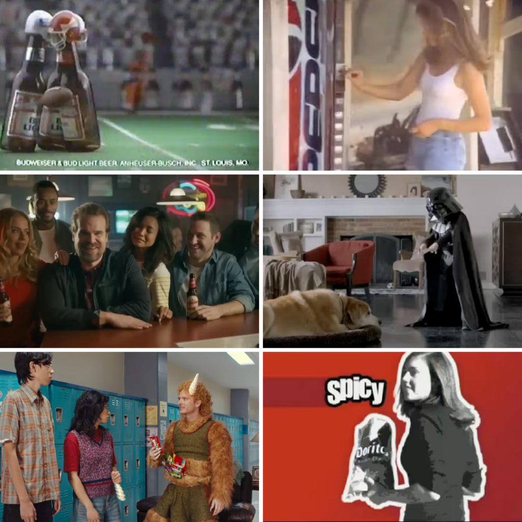 Evolution of Super Bowl Advertising - examples of Bud Bowl, Just One Look, Crash the Super Bowl, The Force, It's a Tide Ad, and Deliver the Rainbow spots